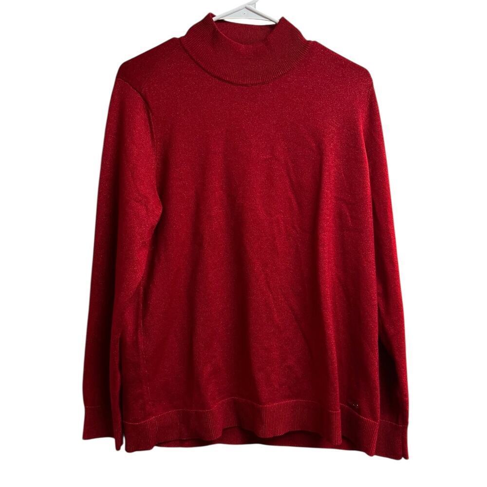 Calvin Klein Red Mock Turtleneck Buttons Shimmery Large